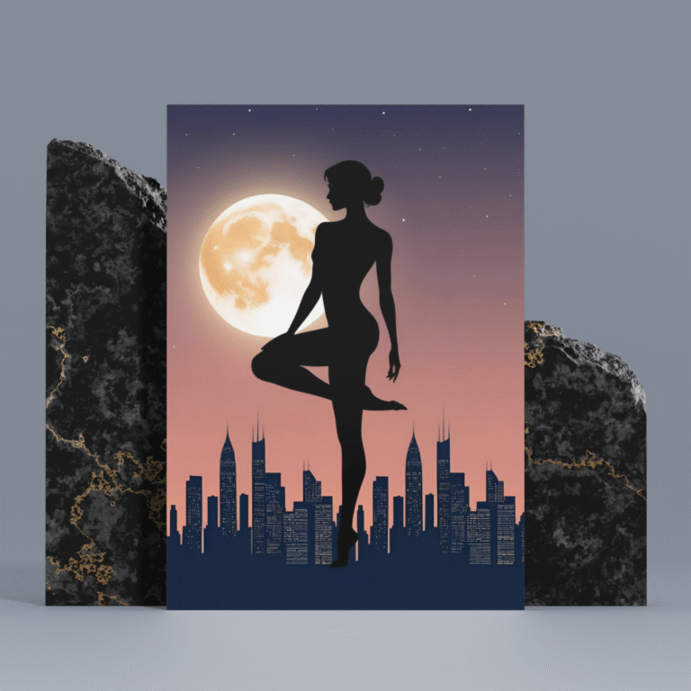 Tablou Siluetă Femeie cu Lună Plină – Echilibru Urban