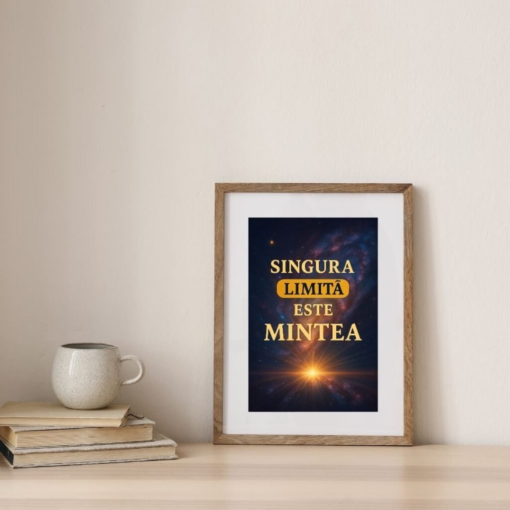 Artă motivațională Singura limită este mintea în lumină naturală, ramă lemn deschis