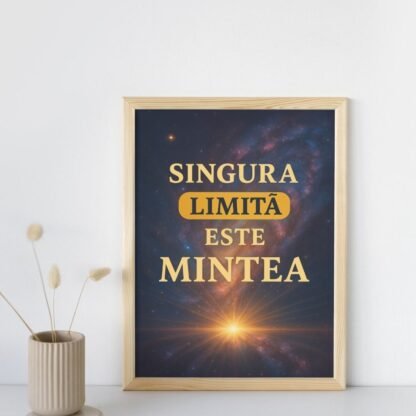 Poster afirmativ cu mesaj despre minte și limitare în ramă albă, fundal spațial