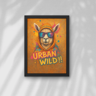 Tablou decorativ Urban Wild cu lamă haioasă în hanorac portocaliu și ochelari de soare, pe fundal artistic cu stropi de culoare.