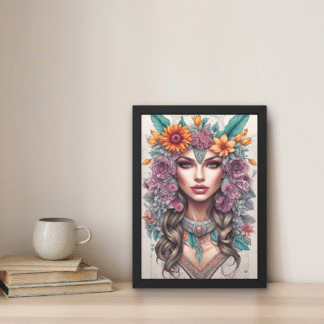 Tablou femeie regală cu coroană din flori galbene și roz, frunze turcoaz și bijuterii decorative, într-un decor artistic modern, în ramă neagră.
