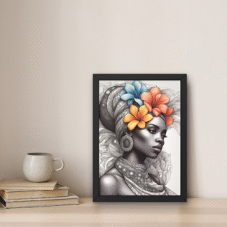 Tablou monocrom cu femeie africană în turban tradițional, flori colorate hibiscus în păr și bijuterii detaliate, în ramă neagră.