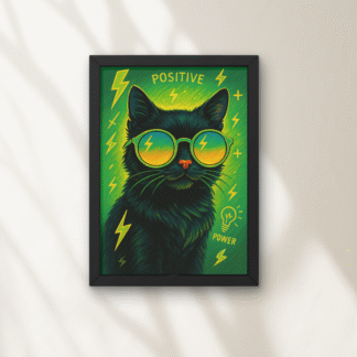 Tablou Pop Art neon verde cu pisică neagră și ochelari verzi, în ramă neagră, pe fundal cu fulgere și simboluri grafice pozitive.