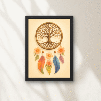 Tablou decorativ cu prinzător de vise, pene colorate și flori – artă spirituală pentru casă, birou sau colț de relaxare