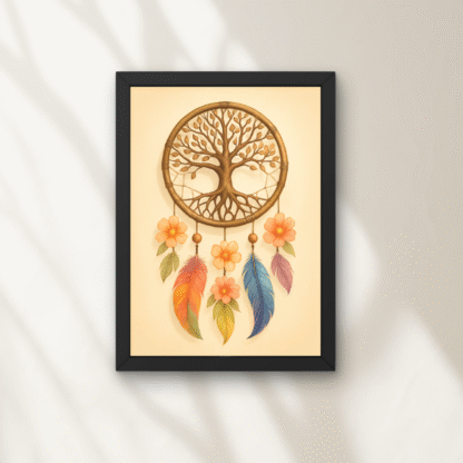 Tablou decorativ cu prinzător de vise, pene colorate și flori – artă spirituală pentru casă, birou sau colț de relaxare