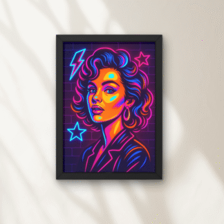 Tablou Pop Art portret neon cu femeie ilustrată în culori vibrante pe fundal de cărămidă, în ramă neagră, stil retro urban.