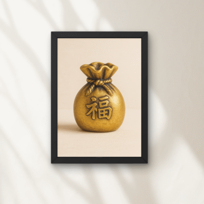 Tablou cu sac feng shui auriu, cu simbol chinezesc pentru noroc și prosperitate, pe fundal crem, în ramă neagră - Poze cu bani traditie chineza
