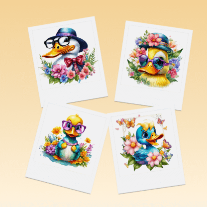 Set magneți cu rățuște simpatice ilustrate artistic, stil polaroid, cu flori și accesorii colorate – decor jucăuș pentru frigider