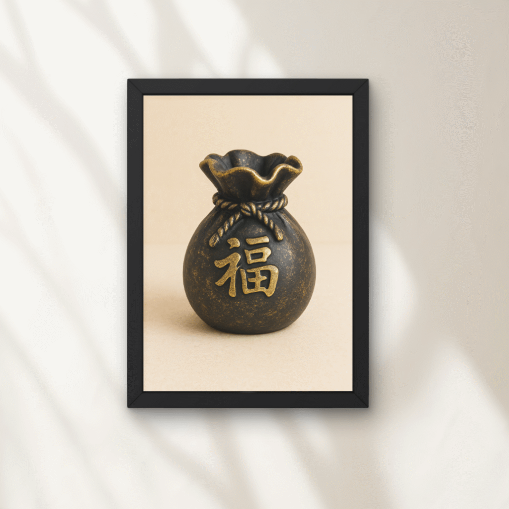 Tablou feng shui cu punga Fu neagră și patină aurie, cu simbol chinezesc al norocului, pe fundal crem, în ramă neagră modernă.