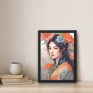 ablou cu femeie asiatică în kimono portocaliu, înconjurată de flori de bujor, pe fundal vaporos – decor artistic cu influențe orientale.