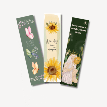 Set semne de carte cu floarea-soarelui, fluturi colorați, personaje feminine și mesaje motivaționale – design artistic și mistic