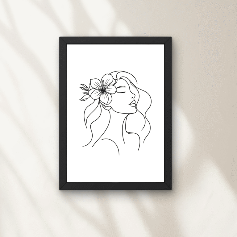 Tablou Minimalist Femeie cu Floare în Păr – Linie Fină