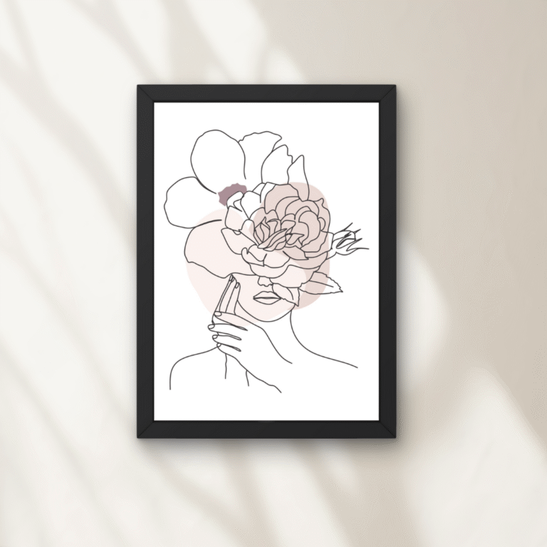 Tablou Femeie cu Flori Pastel – Line Art Minimalism Poetic