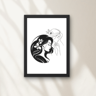 Tablou minimalist alb-negru cu două siluete feminine florale, una umplută în negru și cealaltă trasată fin, în ramă neagră decorativă.