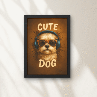 Tablou Cute Dog cu cățel adorabil, căști albastre și ochelari funky pe fundal cald maro, în ramă neagră