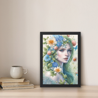 Tablou portret floral cu femeie tânără, flori pastelate și păr verde, pe fundal luminos, în ramă neagră pe o poliță cu cărți și cană.