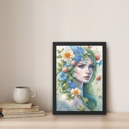 Tablou portret floral cu femeie tânără, flori pastelate și păr verde, pe fundal luminos, în ramă neagră pe o poliță cu cărți și cană.