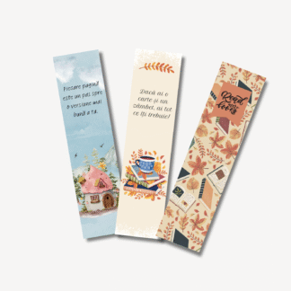 Set semne de carte ilustrate cu frunze de toamnă, cești, cărți și mesaje motivaționale – design cald, ideal pentru lectură și cadouri