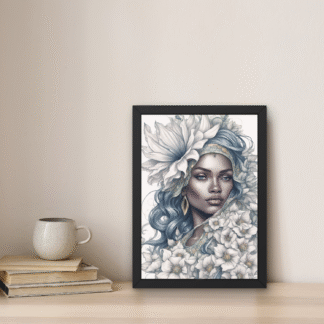 Tablou fantasy portret cu femeie africana, păr bleu, flori albe în păr și veșmânt, stil regal și decor simbolic într-o ramă neagră elegantă.