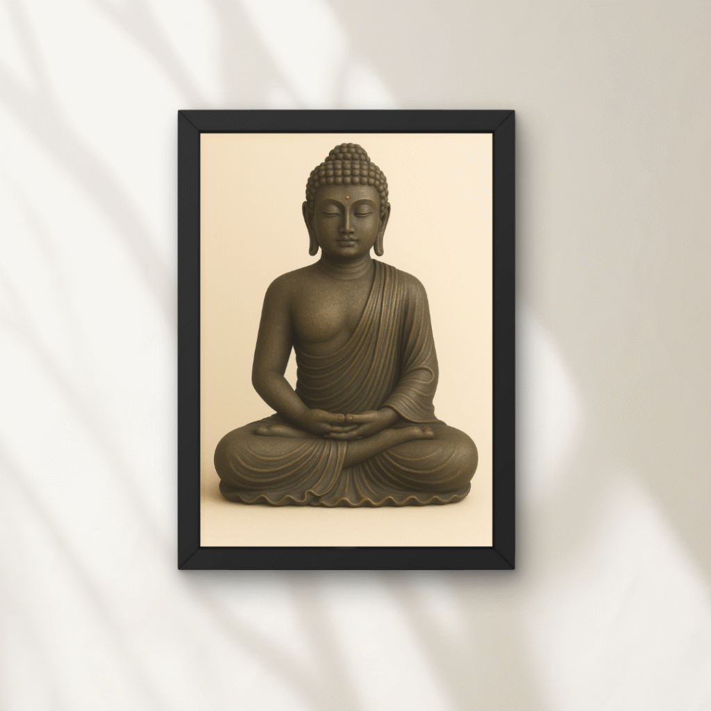 Tablou cu statuie Buddha în tonuri de bronz, în poziție de meditație, simbol al echilibrului interior și calmului spiritual, în ramă neagră