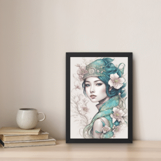 Tablou portret fantasy cu femeie asiatică, îmbrăcată în turcoaz, înconjurată de flori diafane pe fundal deschis, în ramă neagră.