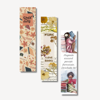 Set semne de carte literare cu mesaje despre citit, flori presate, personaje feminine ilustrate și grafică artistică de toamnă