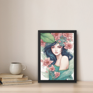 Tablou cu femeie încoronată cu flori roz și frunze, în stil romantic și ilustrat pastel, în ramă neagră decorativă.
