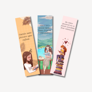 Semne de carte ilustrate cu femei care citesc, culori pastelate și citate motivaționale în limba română – accesorii elegante pentru lectură