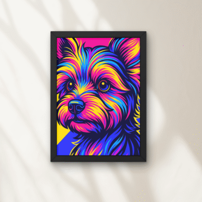 Tablou Pop Art cu cățel adorabil în culori neon intense – galben, roz, albastru și violet – într-o ramă neagră elegantă.