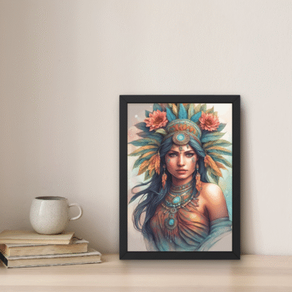 Tablou regal aztec cu femeie ilustrată în coroană tropicală cu frunze și flori, bijuterii turcoaz și expresie solemnă, în ramă neagră.