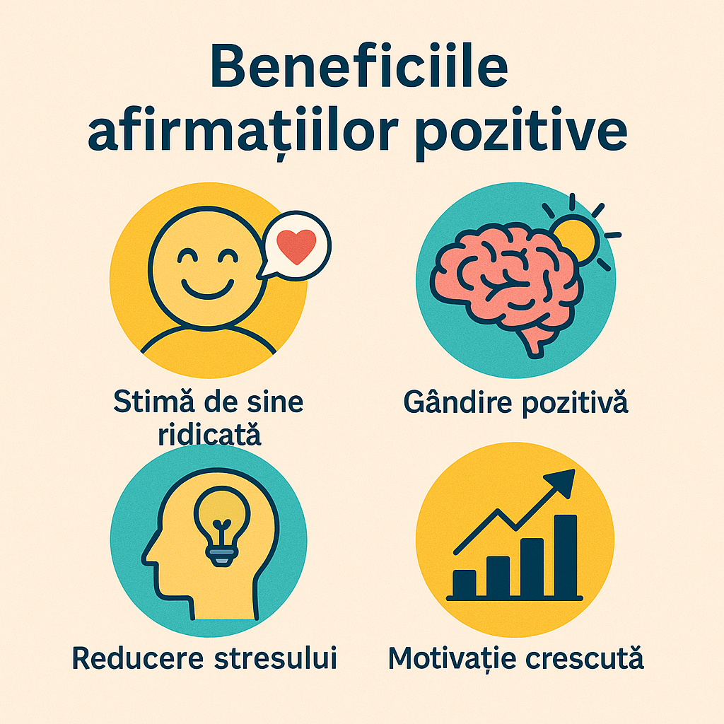 Imagine cu 4 beneficii vizuale ale afirmațiilor pozitive: stimă de sine, gândire pozitivă, reducerea stresului și motivație crescută.