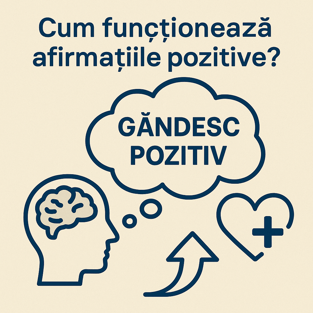 Infografic despre cum funcționează afirmațiile pozitive, cu simboluri ale gândirii pozitive și impactului emoțional.