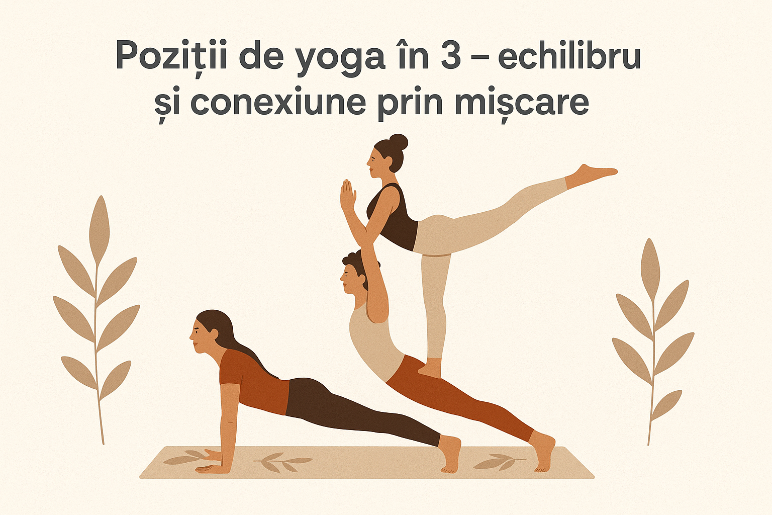 Persoane executând o poziție de yoga în trei, una peste alta, simbolizând echilibrul și conexiunea în mișcare.