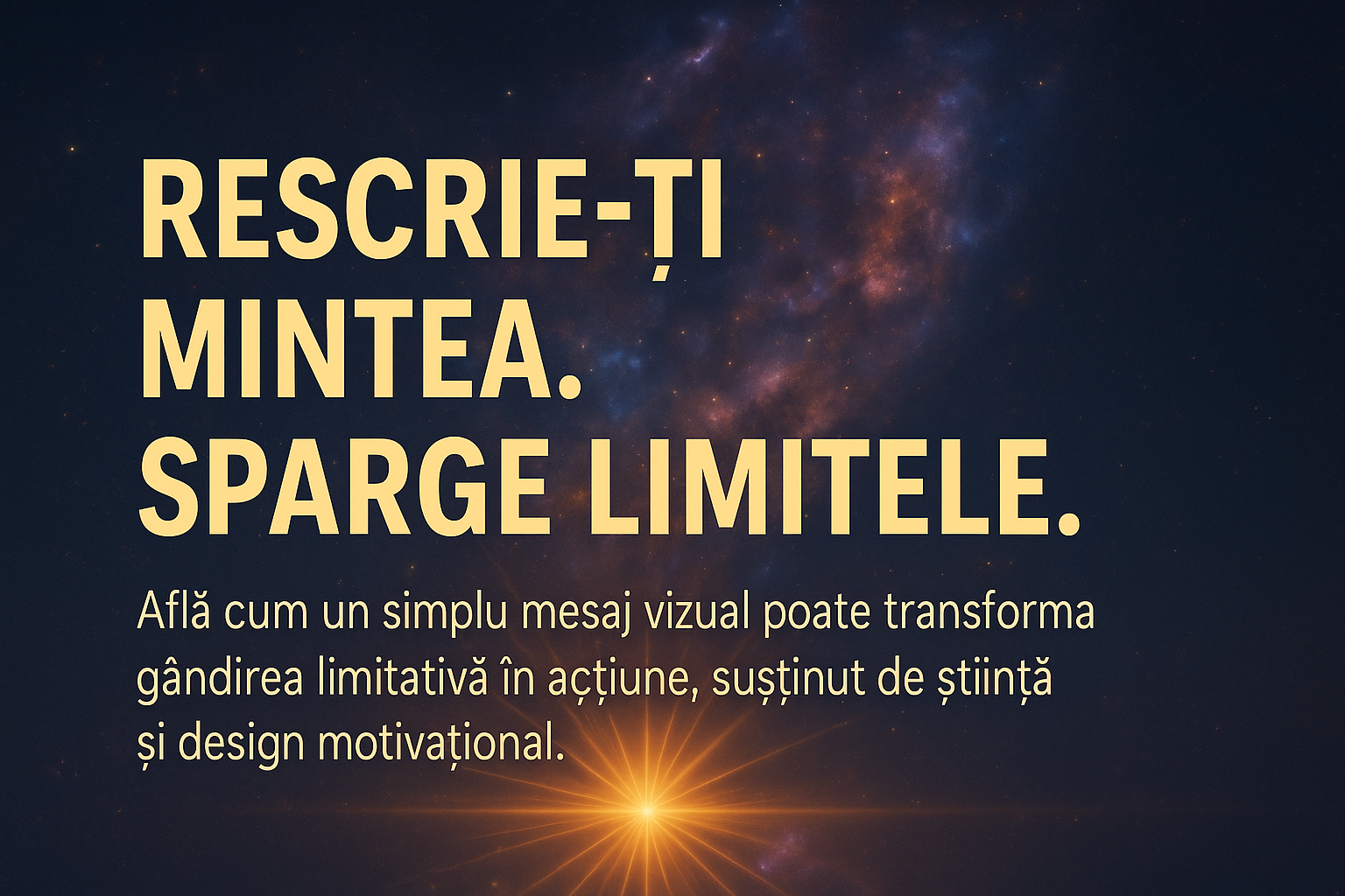 Banner motivațional cu fundal cosmic și mesaj despre depășirea limitelor mentale prin afirmații pozitive