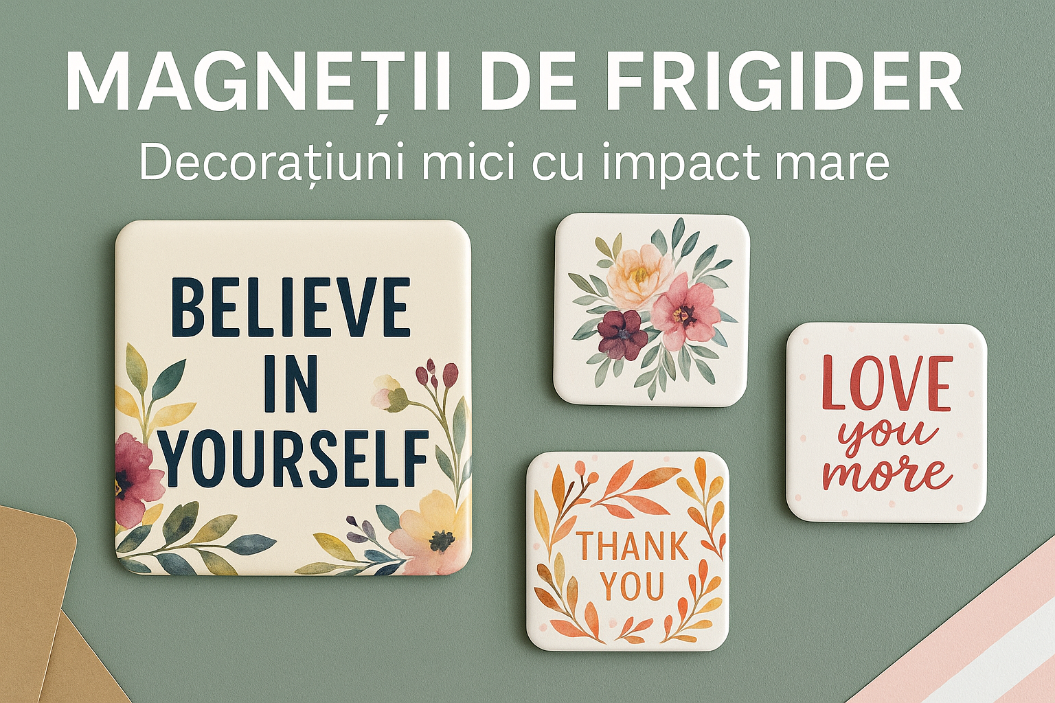 Banner cu magneți de frigider decorativi cu mesaje motivaționale și flori – Believe in yourself, Thank you, Love you more
