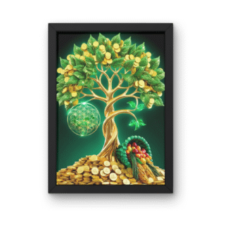 Tablou copacul abundentei cu monede aurii si simbol floarea vietii, decor feng shui pentru prosperitate si noroc financiar