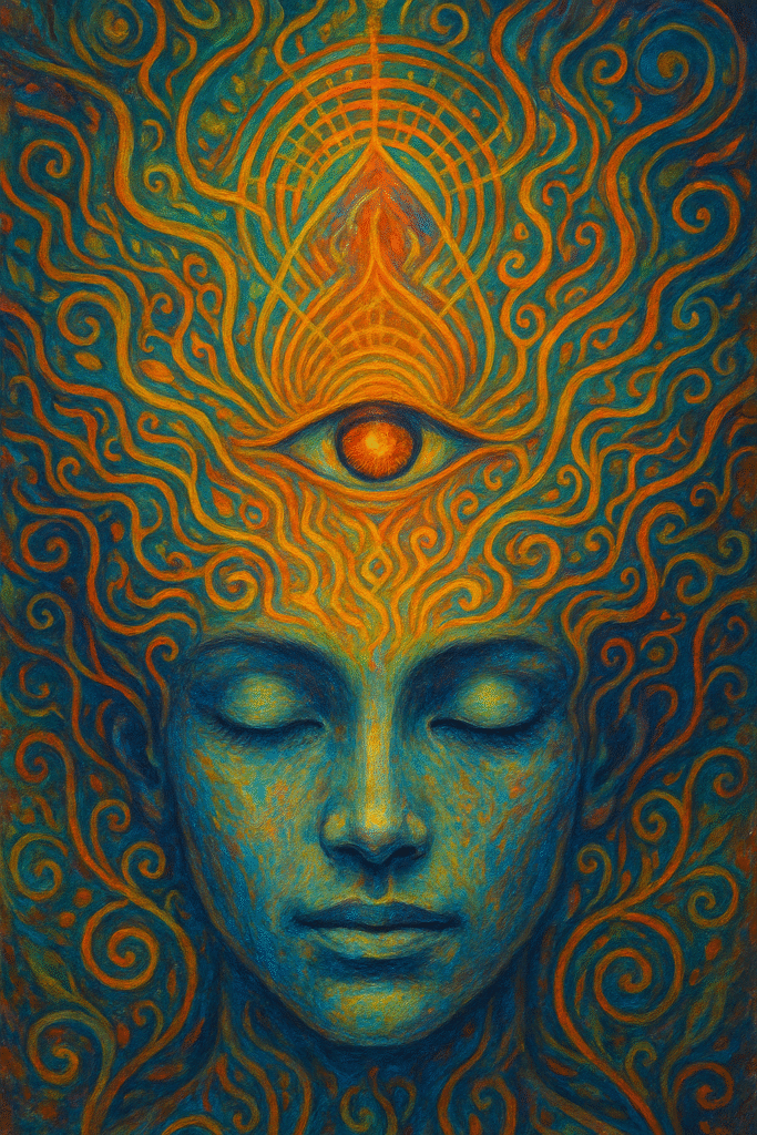 Portret spiritual cu al treilea ochi activat, reprezentat prin simboluri energetice și glanda pineală iluminată.
