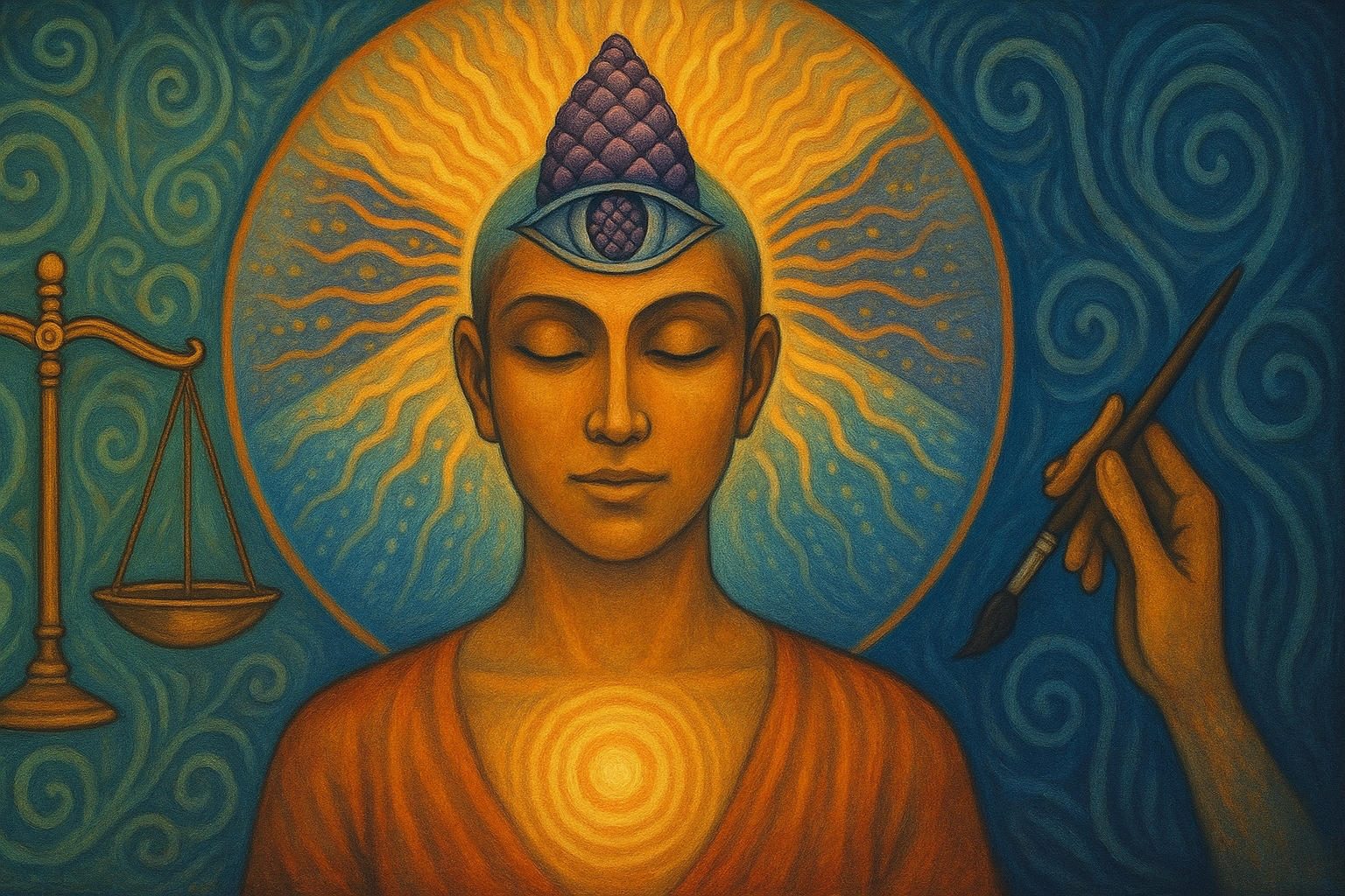 Imagine expresivă cu glanda pineală activată prin artă și echilibru interior, în stil vizual metafizic.