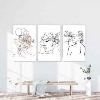 Set 3 tablouri minimaliste cu portrete de femei – linie continuă și stil modern