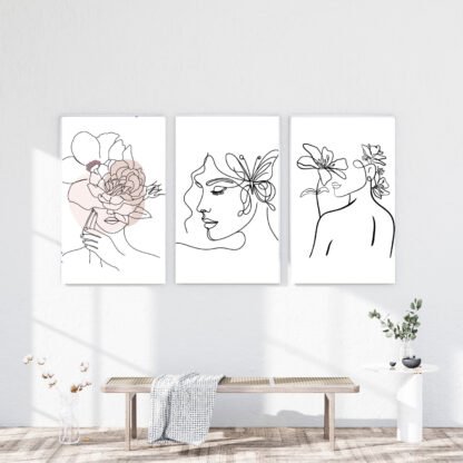 Set 3 tablouri minimaliste cu portrete de femei – linie continuă și stil modern