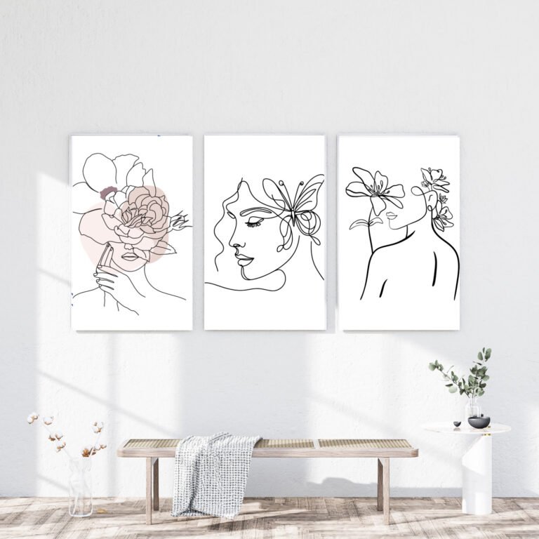 Set 3 Tablouri Minimaliste Feminine – Portrete în Linie Fină