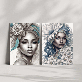 Set 2 tablouri femei africane – portrete alb-negru cu flori și accente pastelate