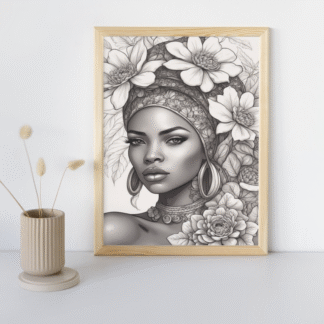 Tablou alb-negru femeie africană – portret artistic cu flori