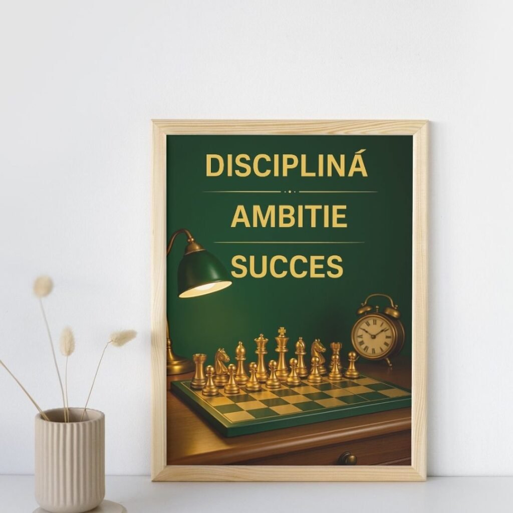 Tablou motivațional pentru birou cu mesaj Disciplină Ambiție Succes și piese de șah aurii