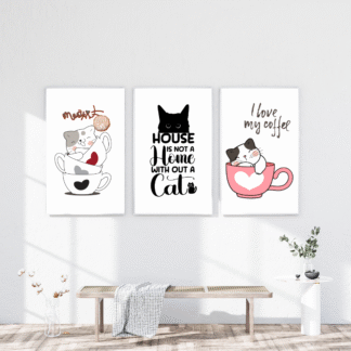 Set 3 tablouri haioase cu pisici și mesaje despre cafea și cămin – stil jucăuș și cald