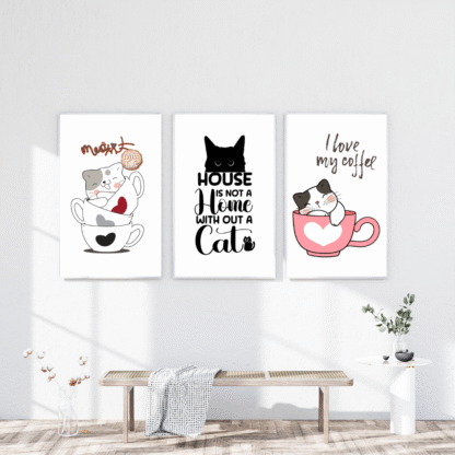 Set 3 tablouri haioase cu pisici și mesaje despre cafea și cămin – stil jucăuș și cald