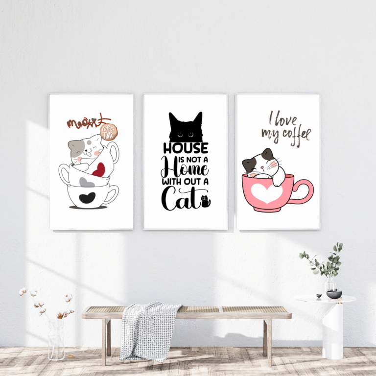 Set 3 Tablouri Haioase cu Pisici – Cafea, Zâmbet și Căldură