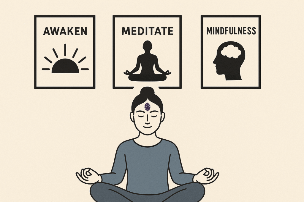 Femeie meditând în fața unor tablouri spirituale pentru activarea glandei pineale