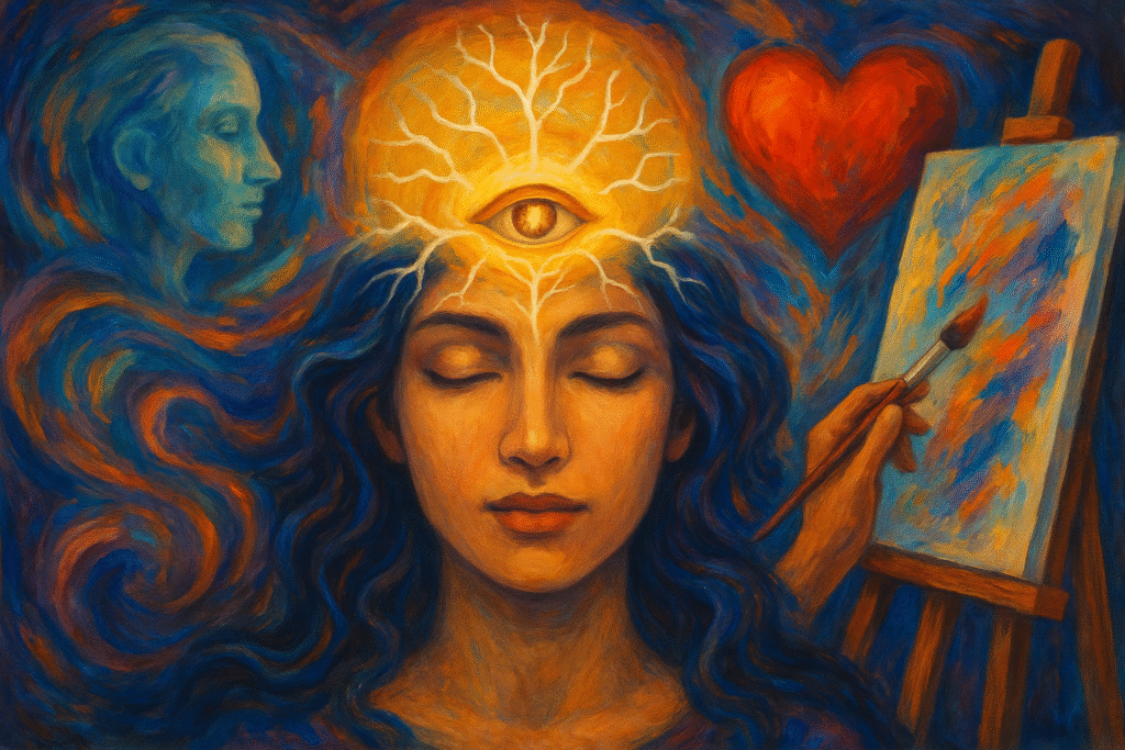 Femeie iluminată cu simbol al glandei pineale – pictură metaforică