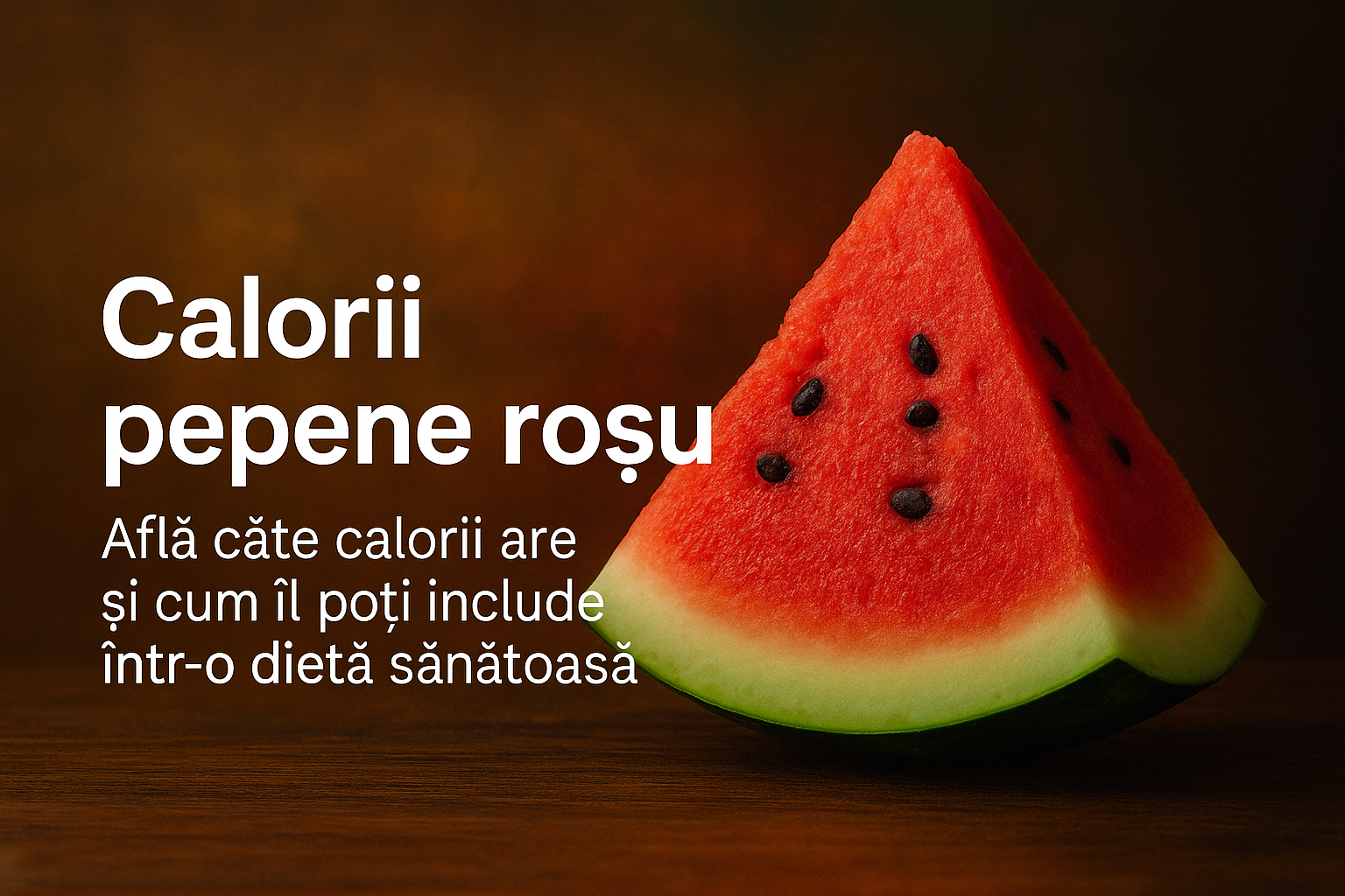 Banner cu felie de pepene roșu și text informativ despre caloriile pepenelui și integrarea în dietă